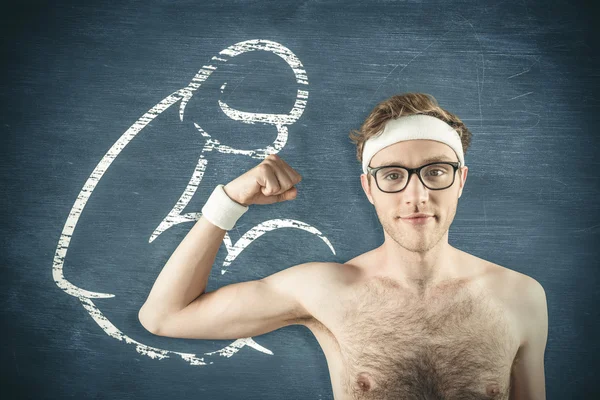 Nördiga bar överkropp hipster böjning bicep — Stockfoto