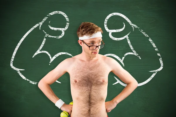 Geeky shirtless hipster poseren met dumbbell — Stockfoto