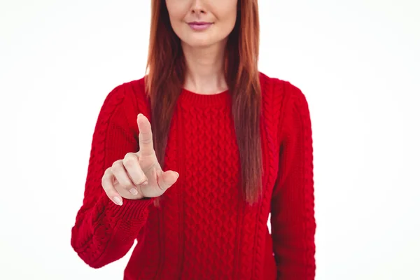 Smiling hipster woman pointing something — Stock Photo, Image