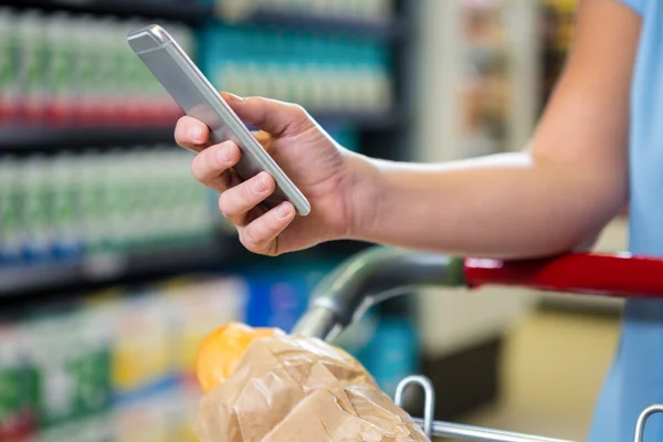 Femme avec panier à l'aide d'un smartphone — Photo