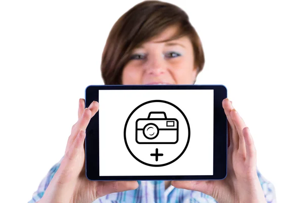 Portrét ženy zobrazeno digitální Tablet — Stock fotografie