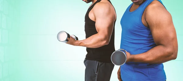 Güçlü arkadaşlar dumbell ile poz — Stok fotoğraf