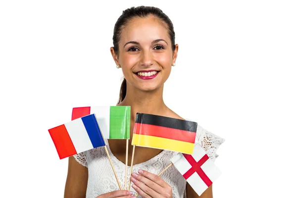 Mulher feliz segurando bandeiras — Fotografia de Stock