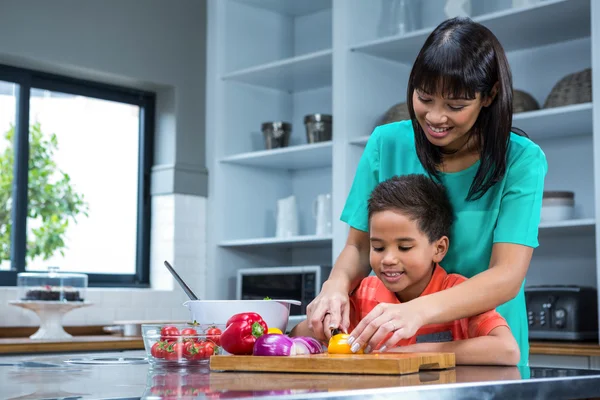 Sonriente madre cocinando con su hijo —  Fotos de Stock