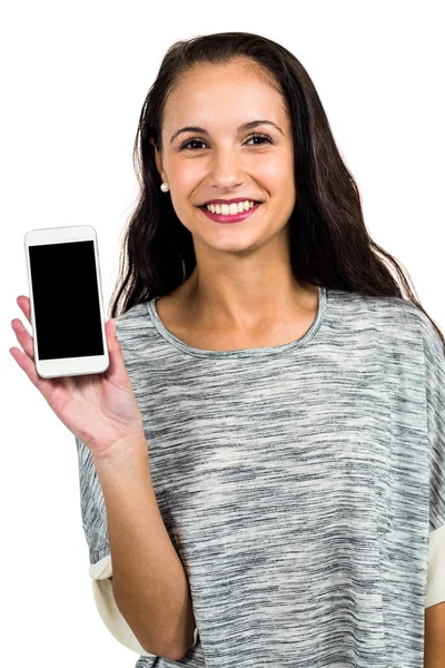 Gülümseyen kadın Smartphone gösterilen — Stok fotoğraf