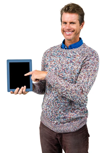 Πορτρέτο της ευτυχισμένος άνθρωπος που κρατά την ψηφιακή δισκίο — Φωτογραφία Αρχείου