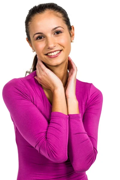 Lachende vrouw met handen op nek — Stockfoto