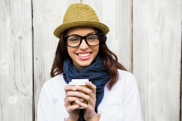 Hipster woman with take-away coffee — Stock Photo, Image