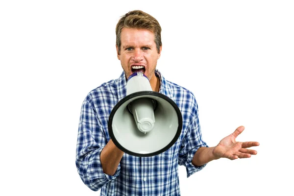 Homem gritando através de megafone — Fotografia de Stock