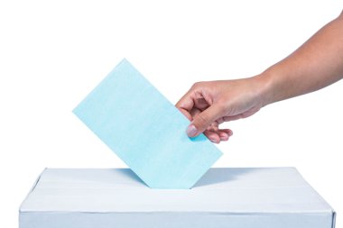 Businesswoman putting ballot in vote box clipart
