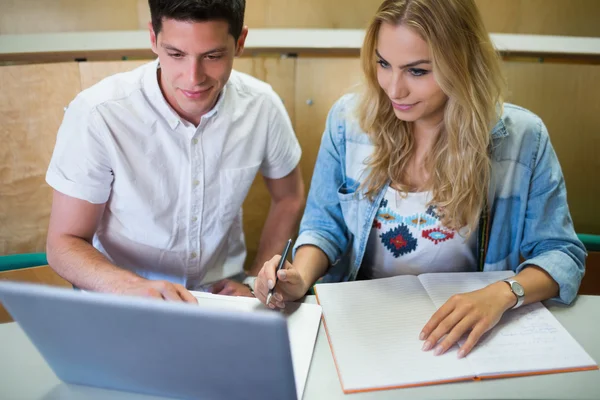 Studenti universitari sorridenti utilizzando il computer portatile — Foto Stock