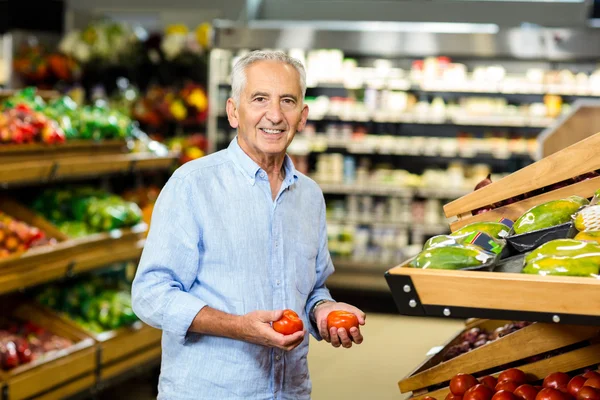 Homme âgé souriant cueillette de tomates — Photo