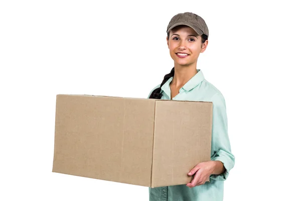 Happy delivery woman holding pack — Stock Photo, Image