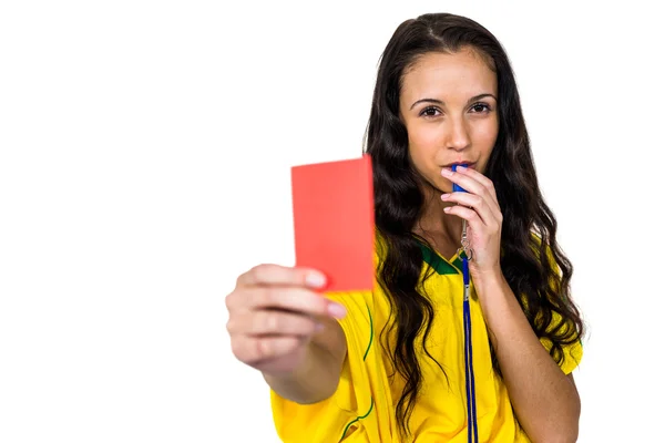 Mujer mostrando tarjeta roja — Foto de Stock