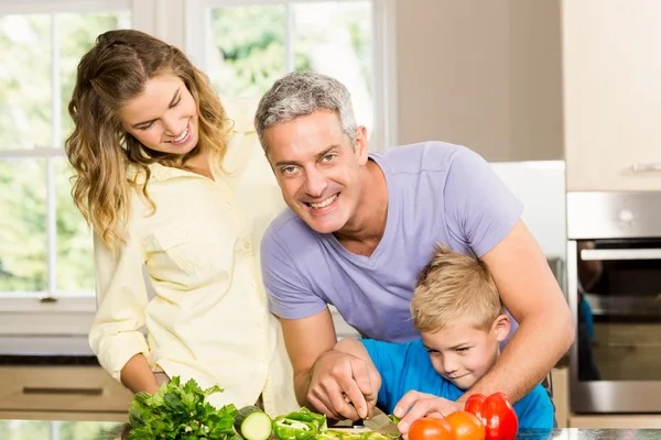 Happy family slicing vegetables — Stock Photo, Image