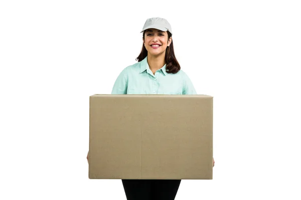 Alegre entrega mujer con caja — Foto de Stock