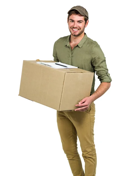 Schöner Postbote mit Packung — Stockfoto