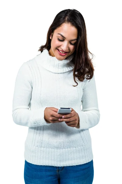 Mulher alegre usando telefone celular — Fotografia de Stock