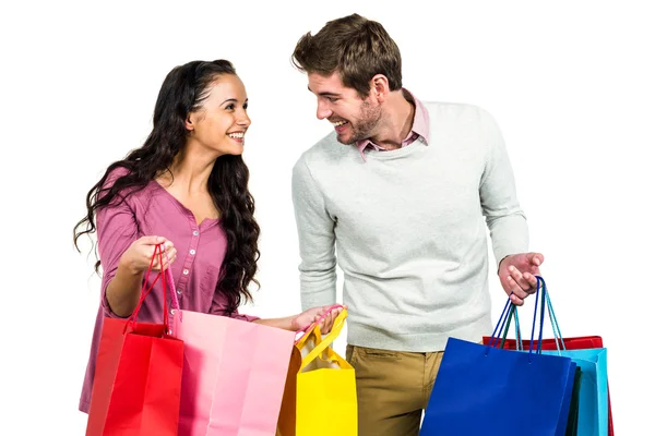 Stijlvolle paar bedrijf shopping tassen — Stockfoto