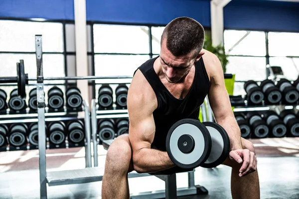 Homem muscular exercitando com halteres — Fotografia de Stock