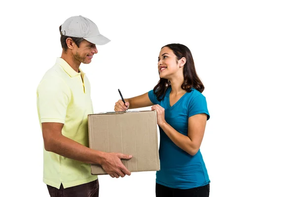 Smiling woman with delivery man — Stock Photo, Image