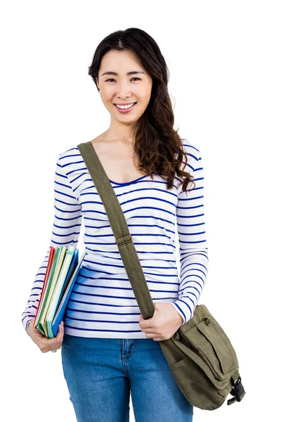 Cheerful woman with shoulder bag and files — Stock Photo, Image