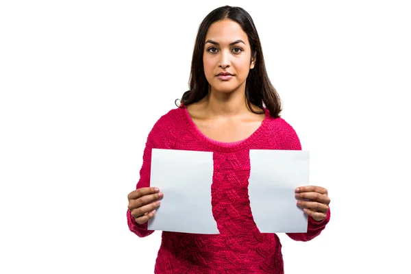 Portrait of woman holding torn documents — Stock Photo, Image