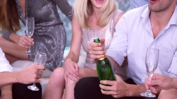 Man openen en serveren vrienden champagne — Stockvideo