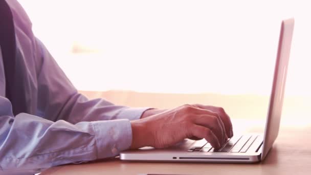 Sorridente uomo d'affari digitando sul suo computer portatile — Video Stock