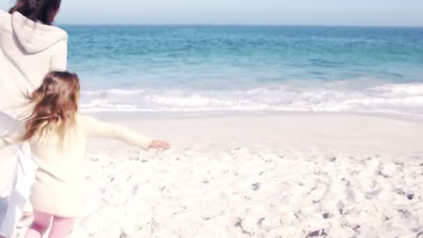 Mère et enfants jouant sur la plage — Video