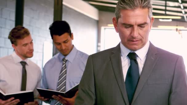 Portrait of a businessmen standing front of colleagues — Stock Video