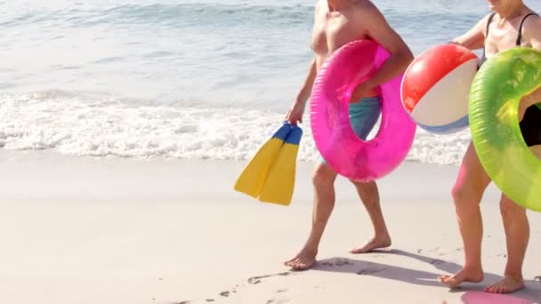 Sonriente pareja sosteniendo equipo de playa — Vídeos de Stock