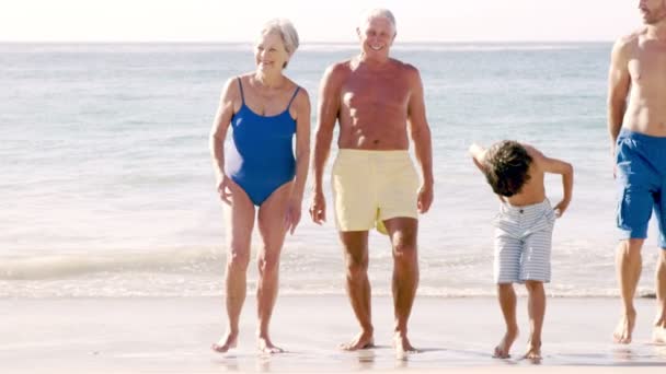 Linda familia de pie en la playa — Vídeos de Stock