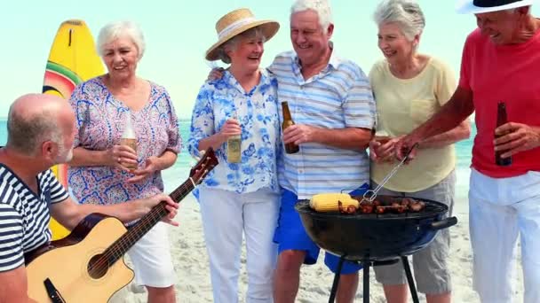 Amigos mayores haciendo barbacoa — Vídeos de Stock