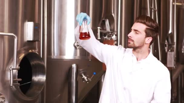 Сосредоточенный ученый смотрит стакан с пивом — стоковое видео