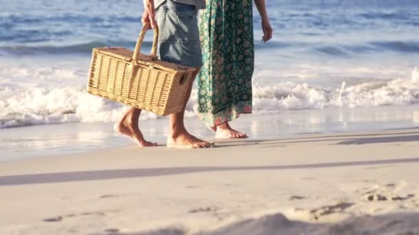 Mid sectie van volwassen paar lopen op het zand — Stockvideo