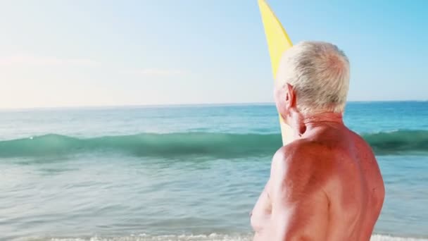 Pensionerad gammal man håller surfbräda nära havet — Stockvideo