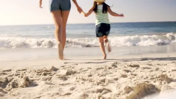 Mutter und Tochter spielen mit den Wellen — Stockvideo