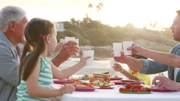 Trzech uśmiecha pokoleń rodziny jedzenie razem — Wideo stockowe