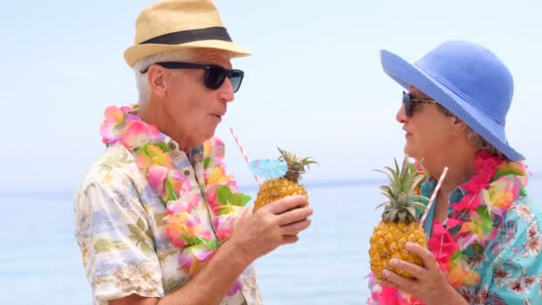 Retired couple drinking cocktails on the beach — Stock Video