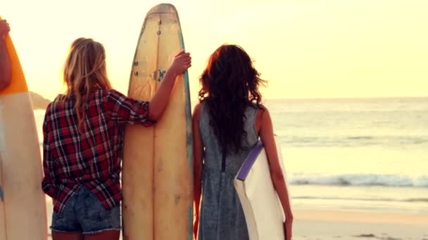 Amigos felices sosteniendo tablas de surf — Vídeos de Stock