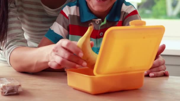 Mãe preparando filhos caixa de almoço — Vídeo de Stock