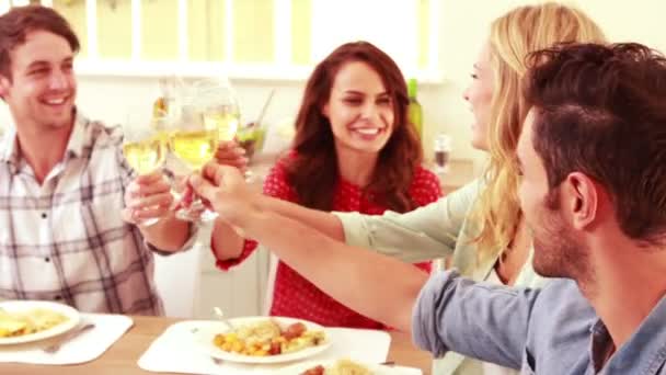 Друзья обедают и пьют вино — стоковое видео