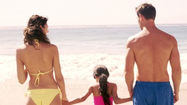 Familia cogida de la mano y mirando a la playa — Vídeo de stock