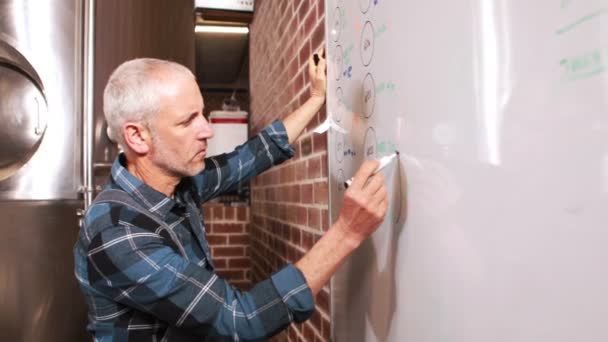 Brouwerij werknemer schrijven van notities op whiteboard — Stockvideo