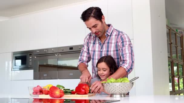 Pai e filha preparando legumes — Vídeo de Stock