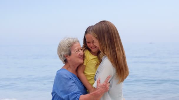 Familia multigeneracional abrazándose en la playa — Vídeos de Stock