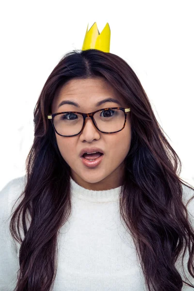 Asian woman with paper crown posing — Stock Photo, Image