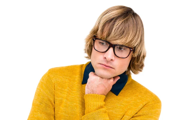 Tankeväckande hipster affärsman med hand på hakan — Stockfoto