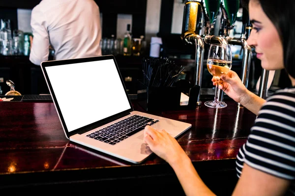 Mujer usando el ordenador portátil y teniendo vino — Foto de Stock